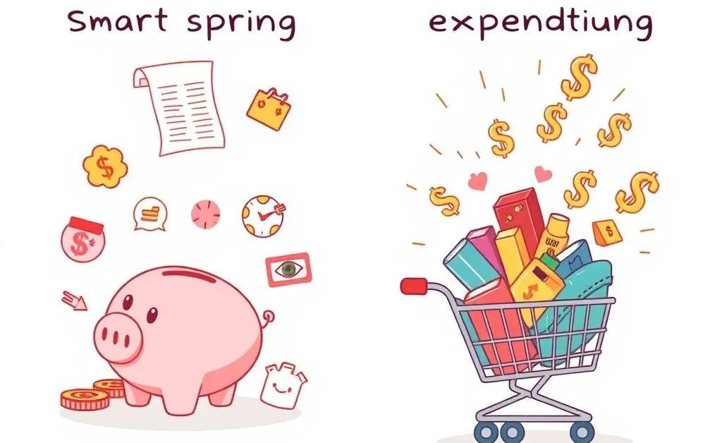 Smart spending vs. impulsive buying habits, illustrated with playful icons.