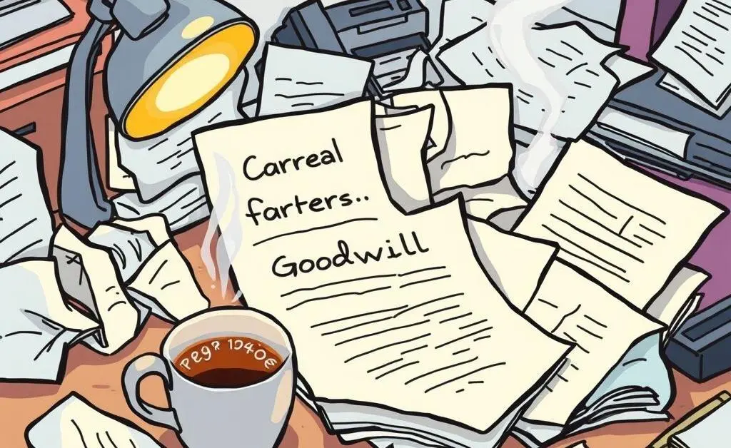 Drafts of a goodwill letter on a desk with a cup of coffee