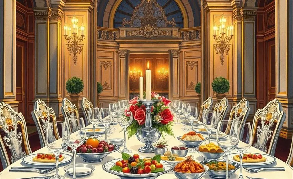 A drawing of a luxurious dining setup with fine cuisine