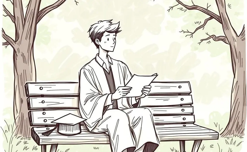 Graduate contemplating with degree on a park bench