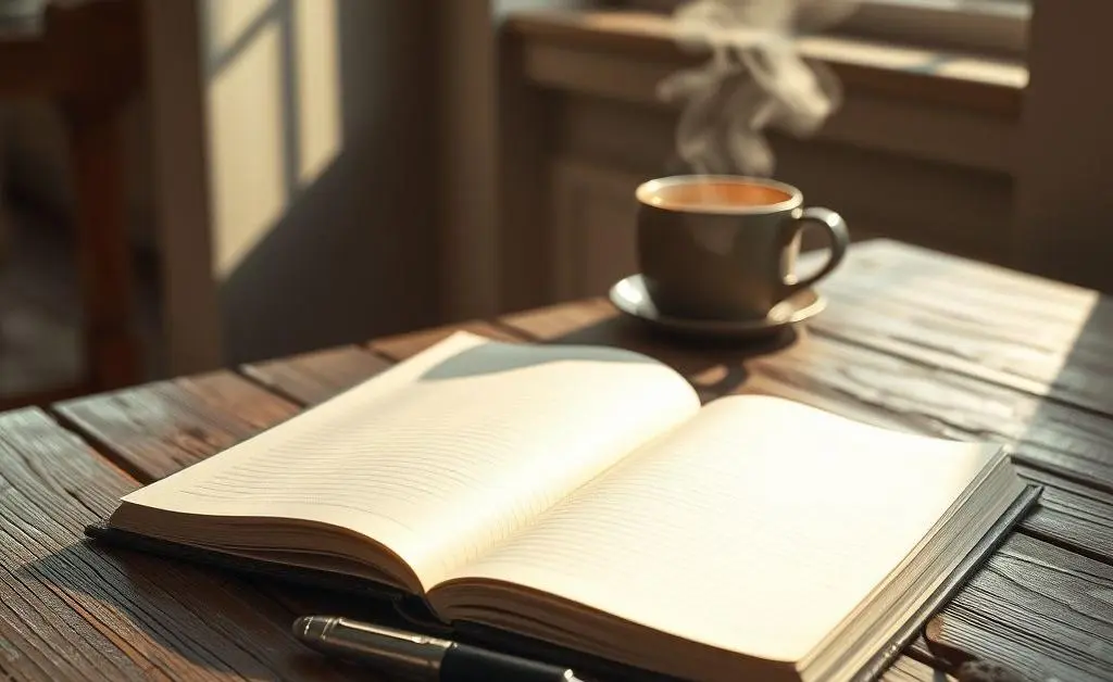 An open gratitude journal with a pen on a wooden table