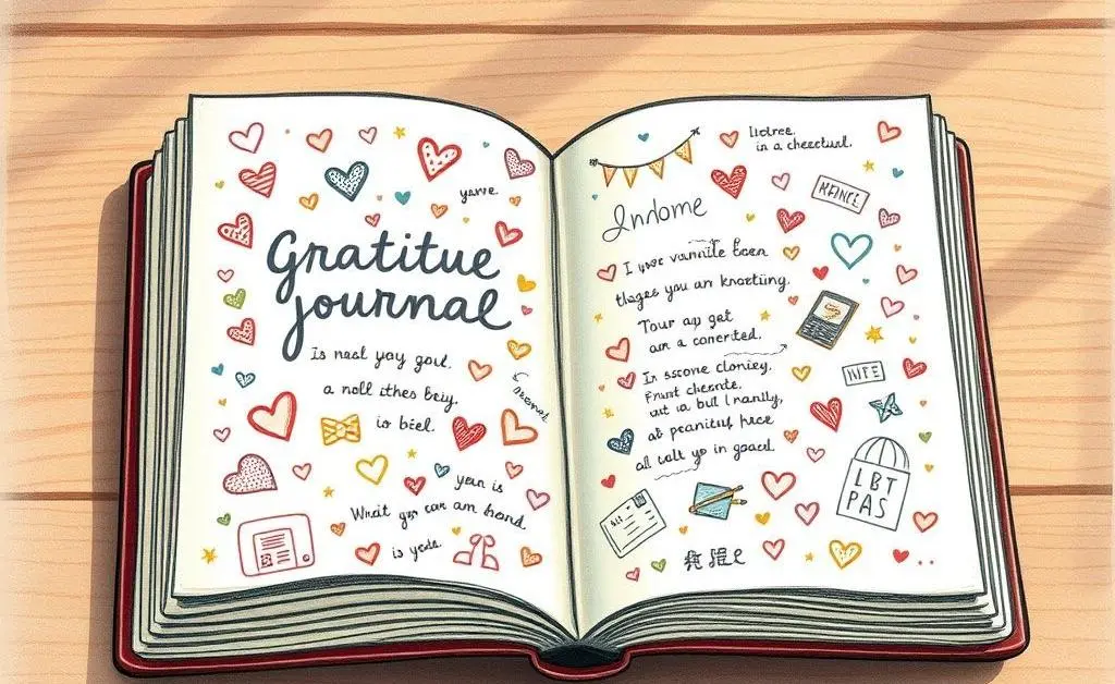 Hand-drawn image of an open gratitude journal with doodles and notes inside.