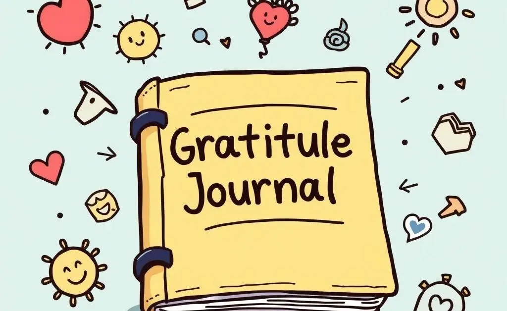 An illustration of a gratitude journal with positive doodles around it