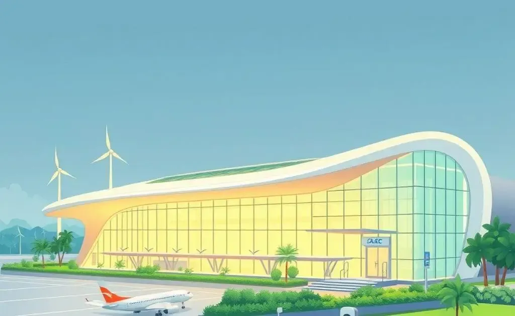 A minimalistic, clean cartoon-style drawing of a futuristic airport powered by green energy.