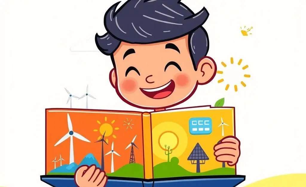 Cartoon character organizing a diverse portfolio with icons of wind, solar, and hydro energy.