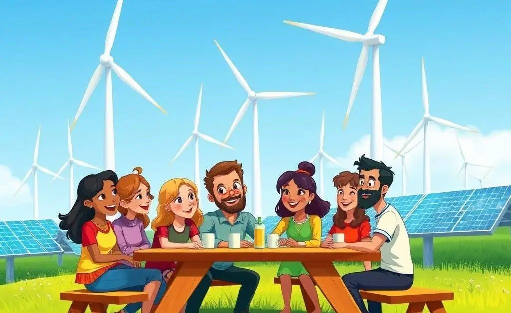 Cartoon image of a group discussing green technologies