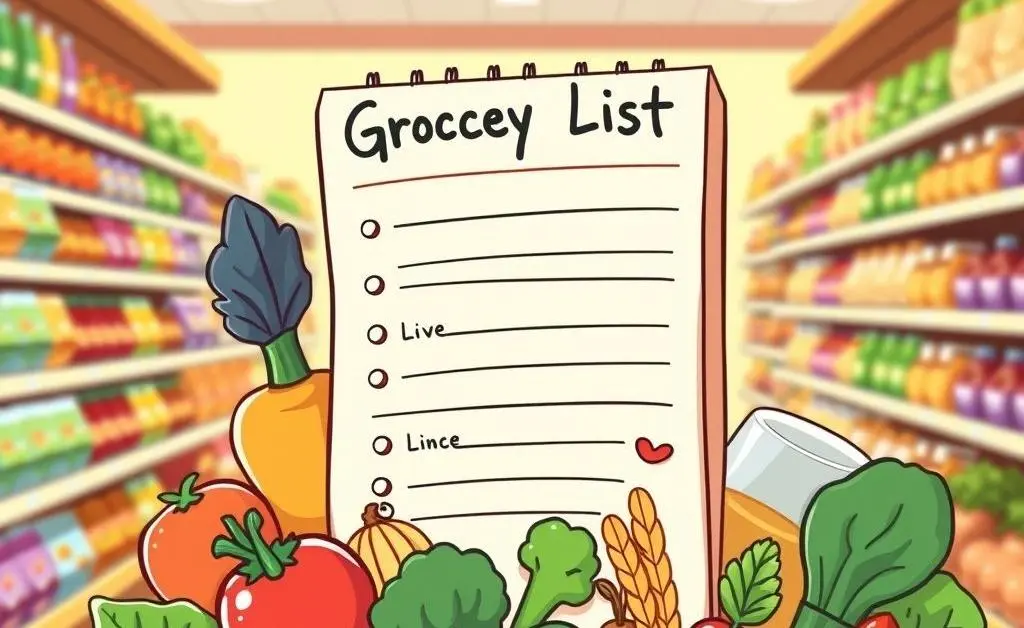 A friendly cartoon showing a grocery list with fresh ingredients