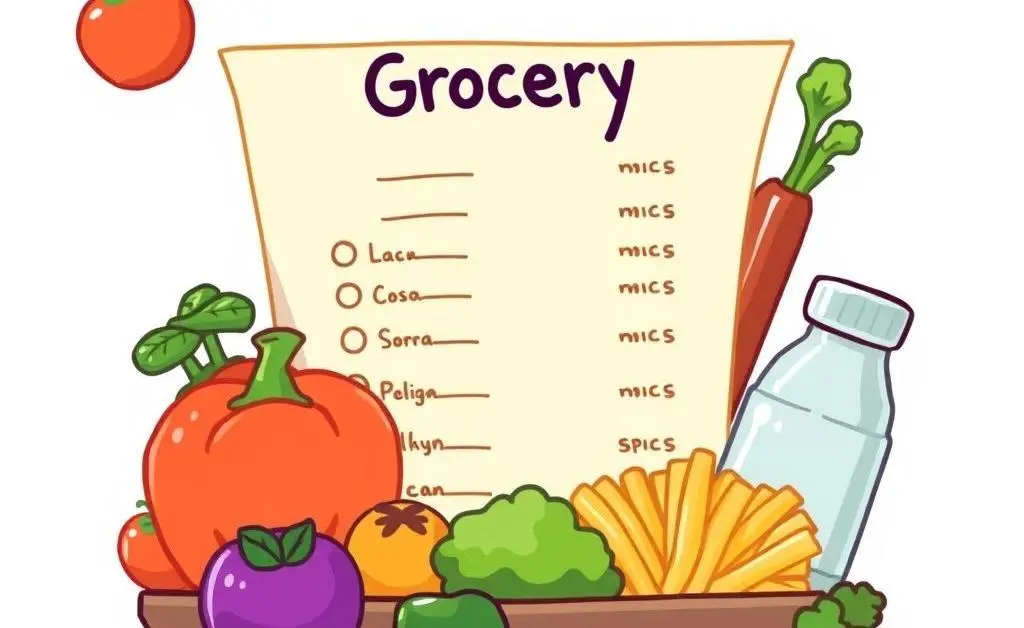 A colorful grocery list with fresh ingredients