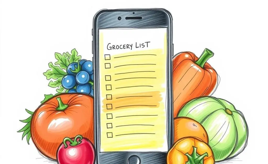 A smartphone displaying a digital grocery list, surrounded by fresh produce