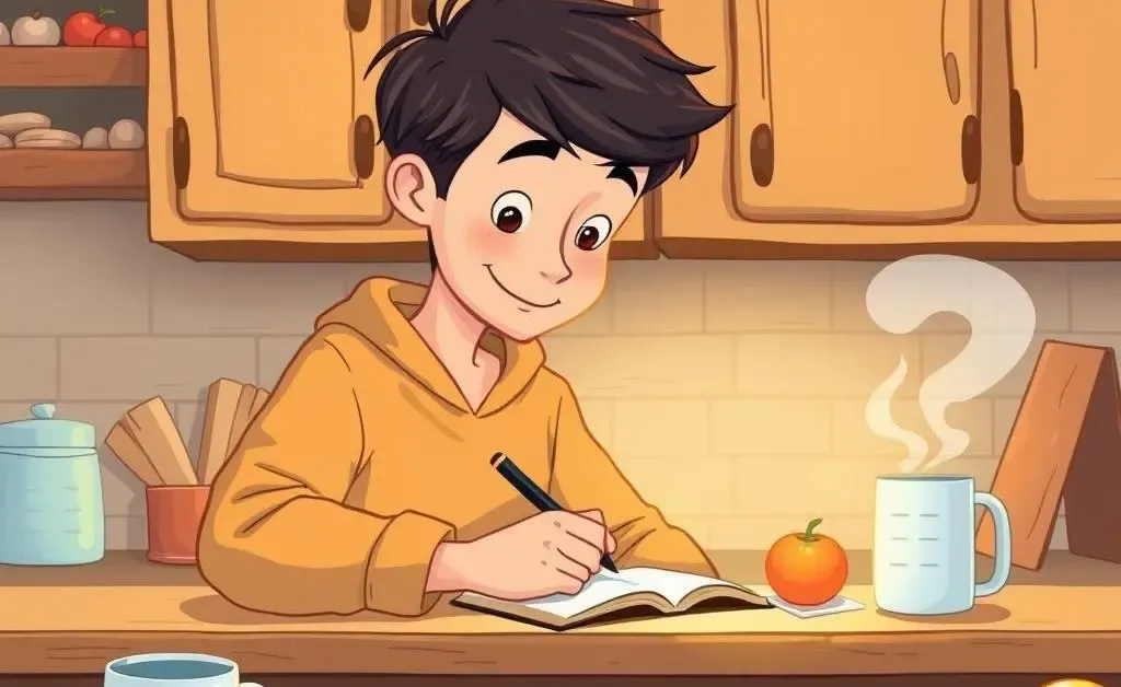 A cartoon illustrating a person writing a grocery list at a cozy kitchen table.