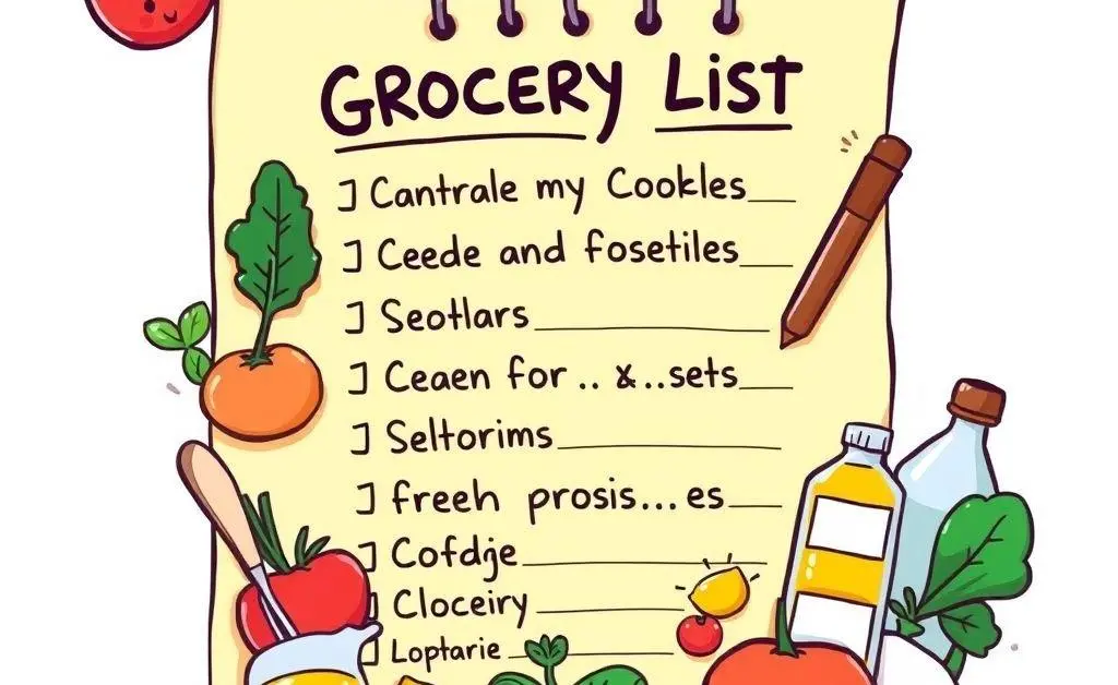 A cartoon-style grocery list with essential cooking ingredients