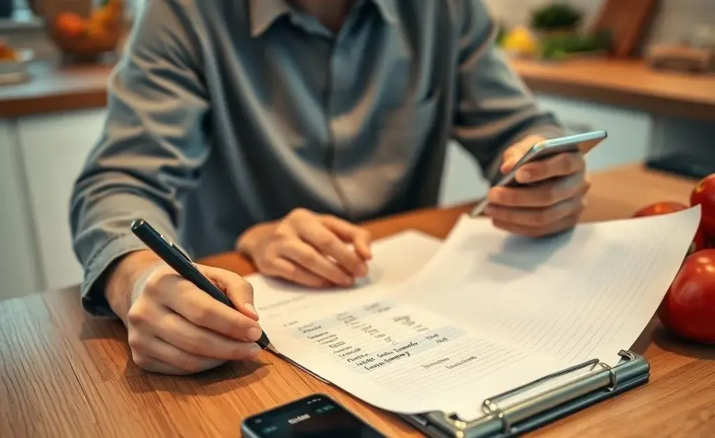 A person planning groceries at a table with a list, calculator, and smartphone
