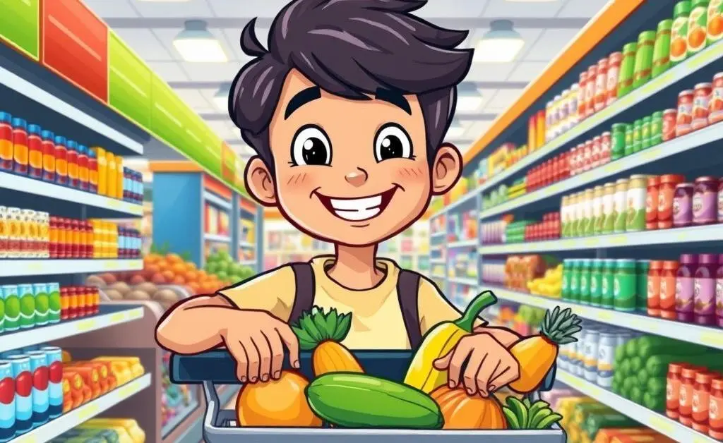 Illustration of cautious grocery shopping.