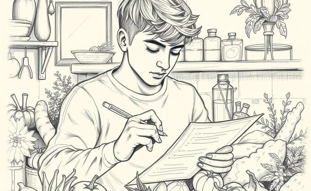 Person checking off grocery list with ingredients around