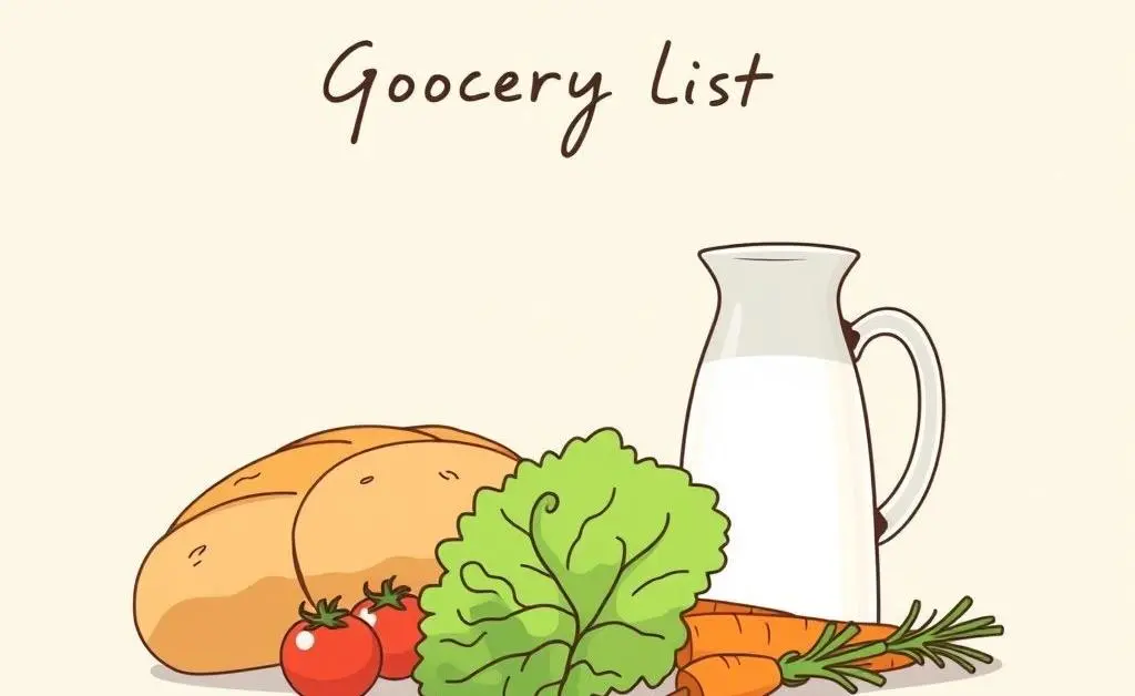 Illustration of a grocery shopping list with essential items like bread, milk, and vegetables.
