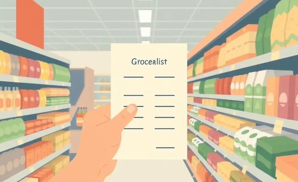 A hand holding a grocery shopping list