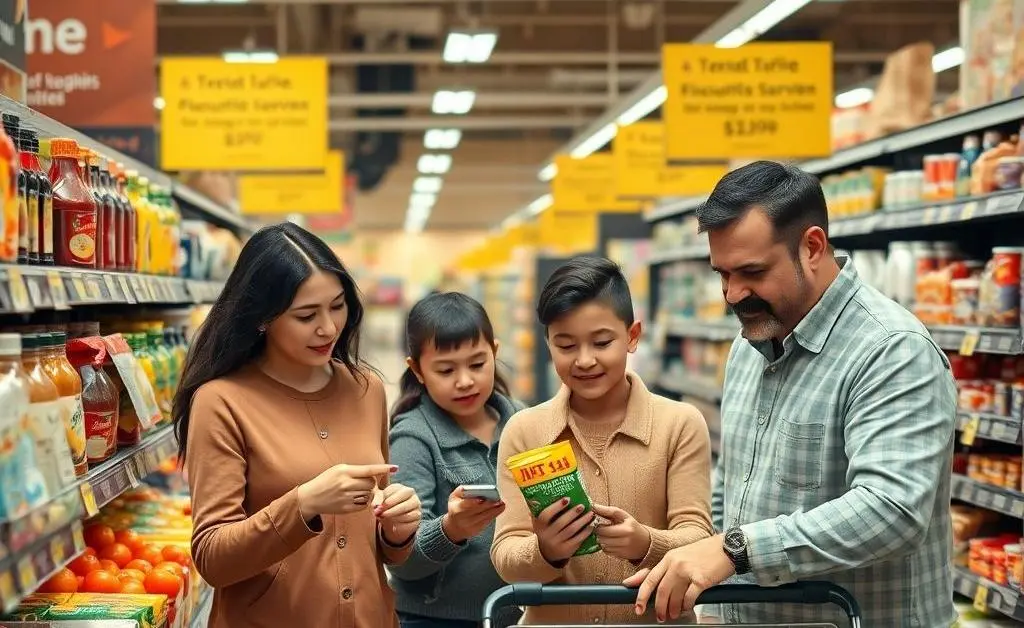 A family shopping at a grocery store, examining price tags reflecting tariff impacts.