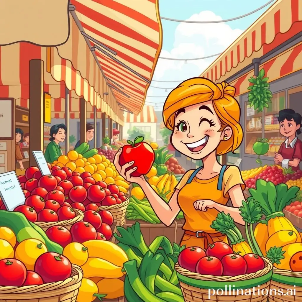 Cartoon image of a person shopping for fresh produce.