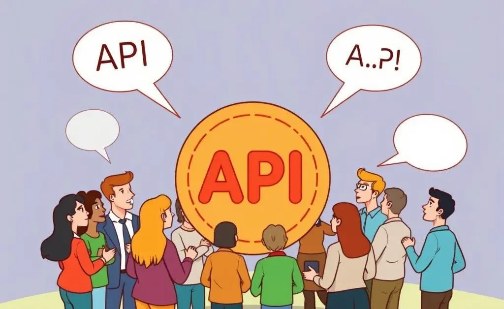 Cartoon people gathered in a lively conversation, with speech bubbles popping out, around a big API symbol.