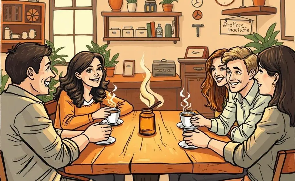A warm, illustrated group discussion setting where people are sharing feedback over coffee