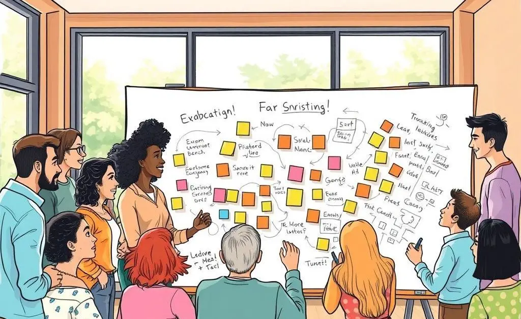 A hand-drawn image of a diverse group of people in a brainstorming session, sharing ideas with a whiteboard.