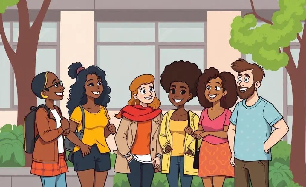 A diverse group of friends chatting happily outside