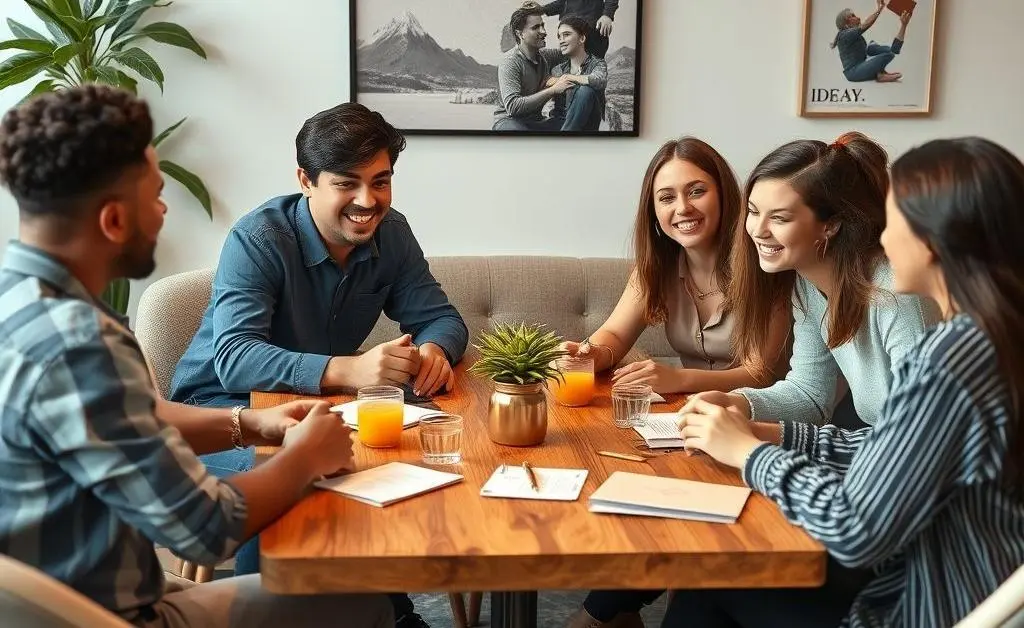 A group of diverse friends sitting around a coffee table sharing ideas