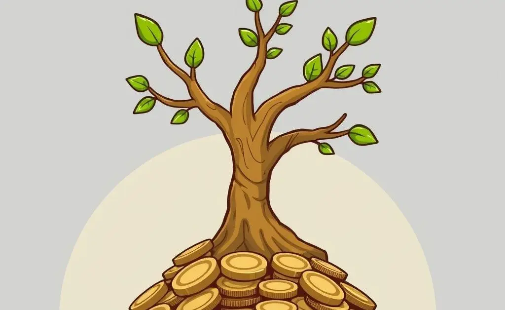 A cartoon tree growing out of a pile of coins, symbolizing investment growth over time.