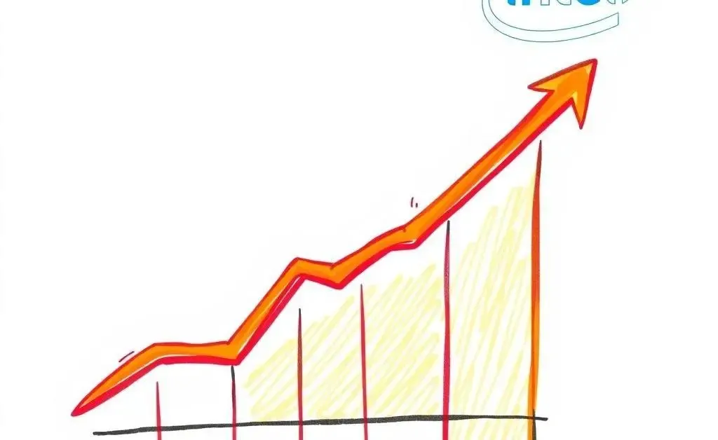 Cartoon sketch of a graph showing upward stock growth with an Intel logo in the corner.