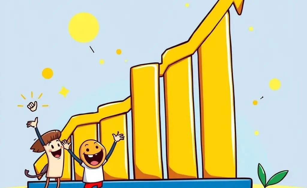 Cartoon-style image of a growth chart with an upward trajectory and coins on the sides.
