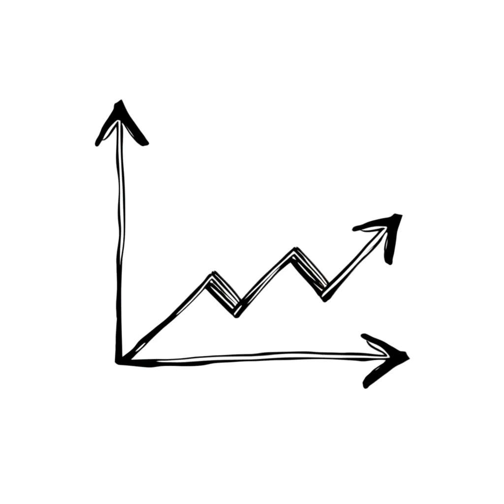 Hand-drawn image of a stock growth chart with upward trend arrows.