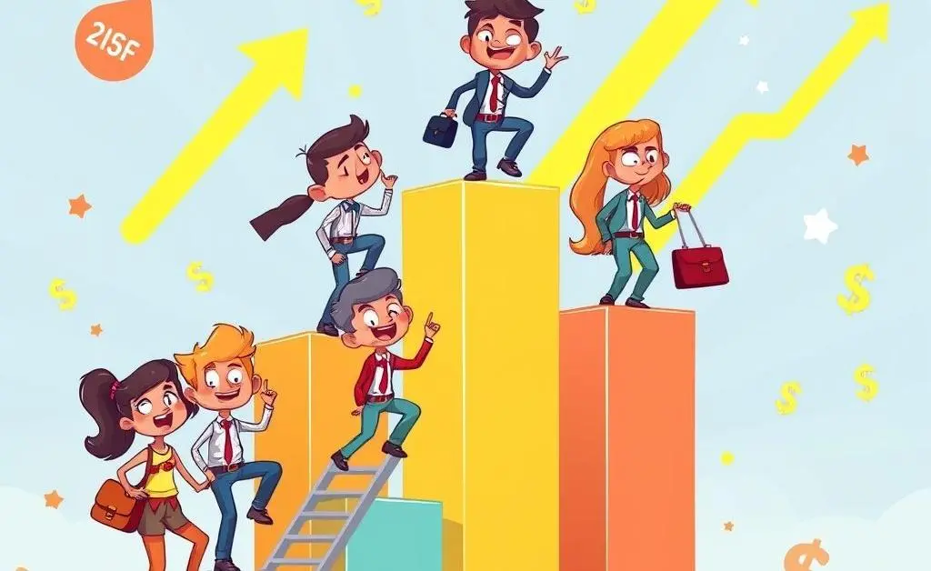 Cartoon people climbing a graph showing steady financial growth