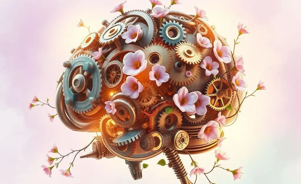 A metaphorical brain made of gears and flowers, symbolizing a growth mindset in progress.