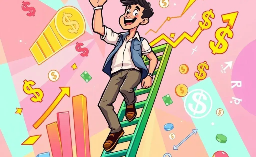 Cartoon-style image of a person climbing a ladder with financial symbols like graphs and dollar signs around.