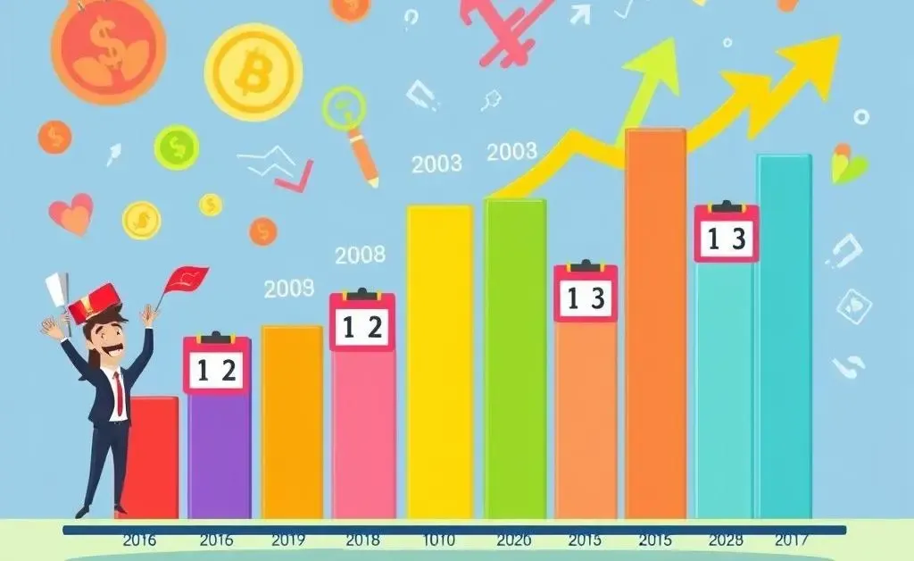 A cartoon-style timeline showing gradual growth in investments over several years.