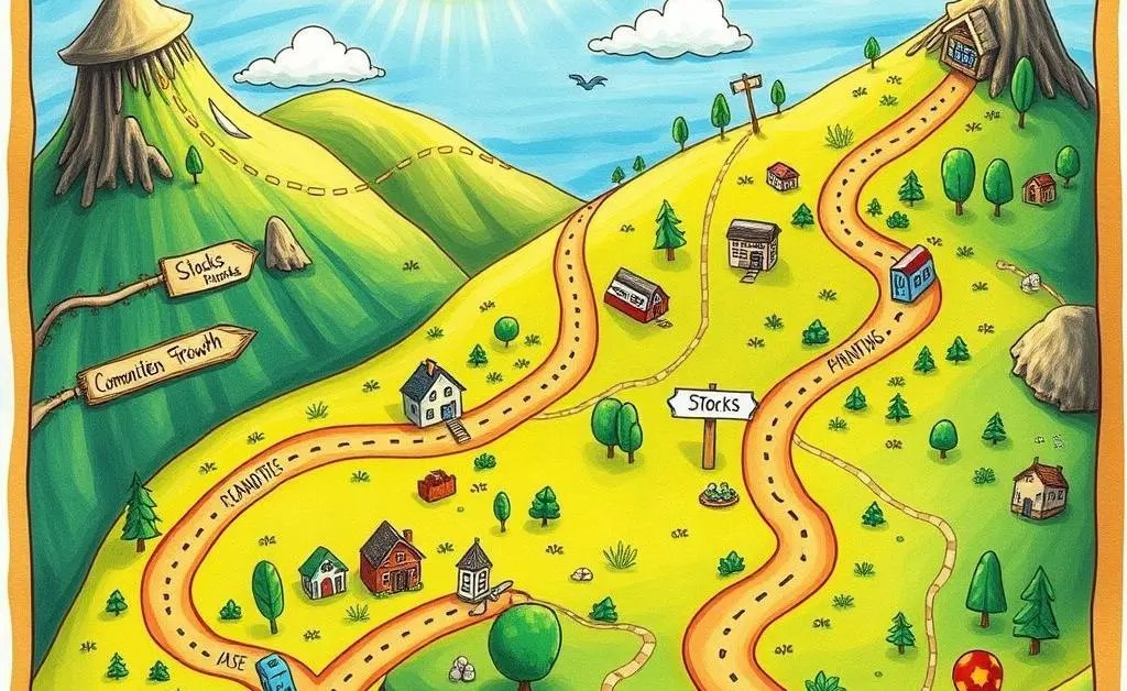 An illustrated map with different pathways labeled with financial growth options like stocks, real estate, etc.