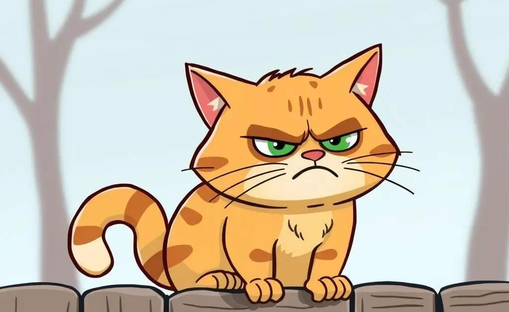 A grumpy cat sitting on a fence
