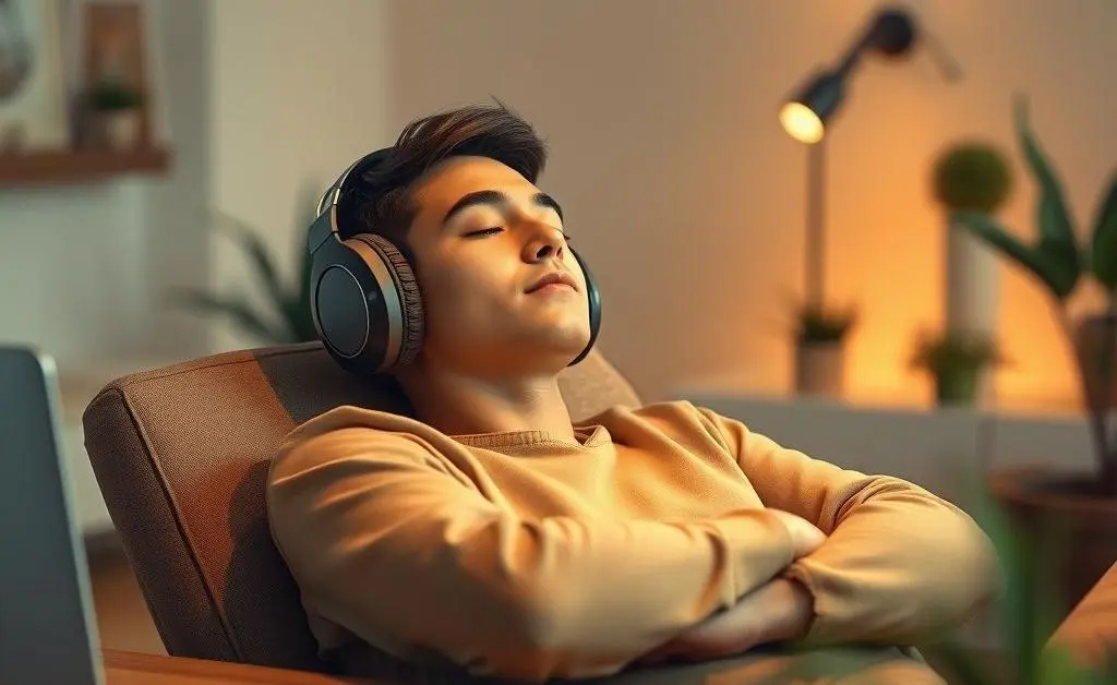 An individual sitting at a desk using headphones for a guided meditation