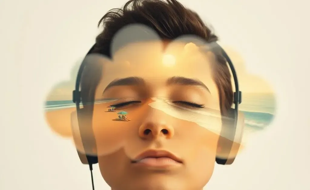 A person with closed eyes wearing headphones, surrounded by a thought bubble illustrating a peaceful beach scene.