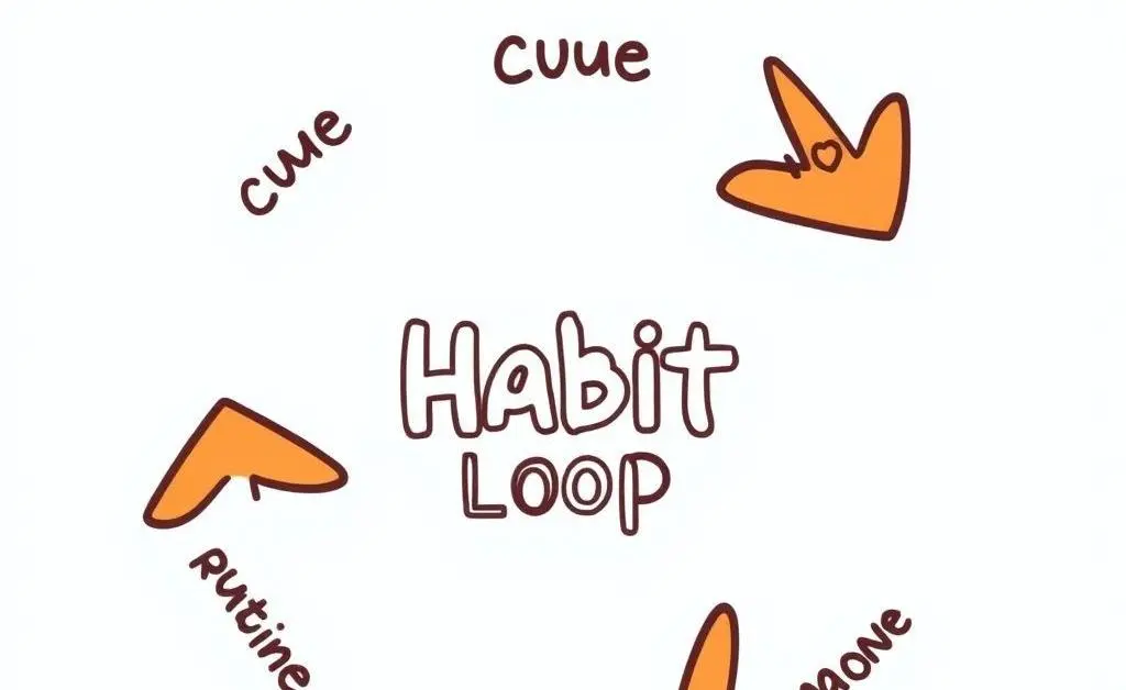 A cycle representing the habit loop with arrows indicating cue, routine, and reward.