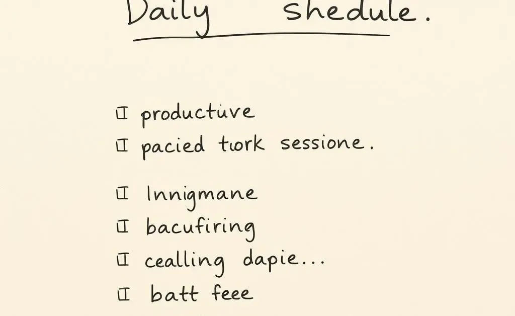 A hand-drawn checklist outlining a balanced daily routine including work, exercise, and relaxation.
