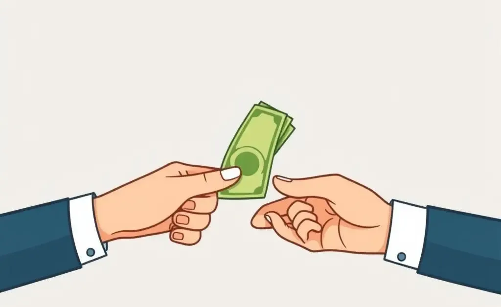 Illustration of two hands exchanging money, symbolizing a loan