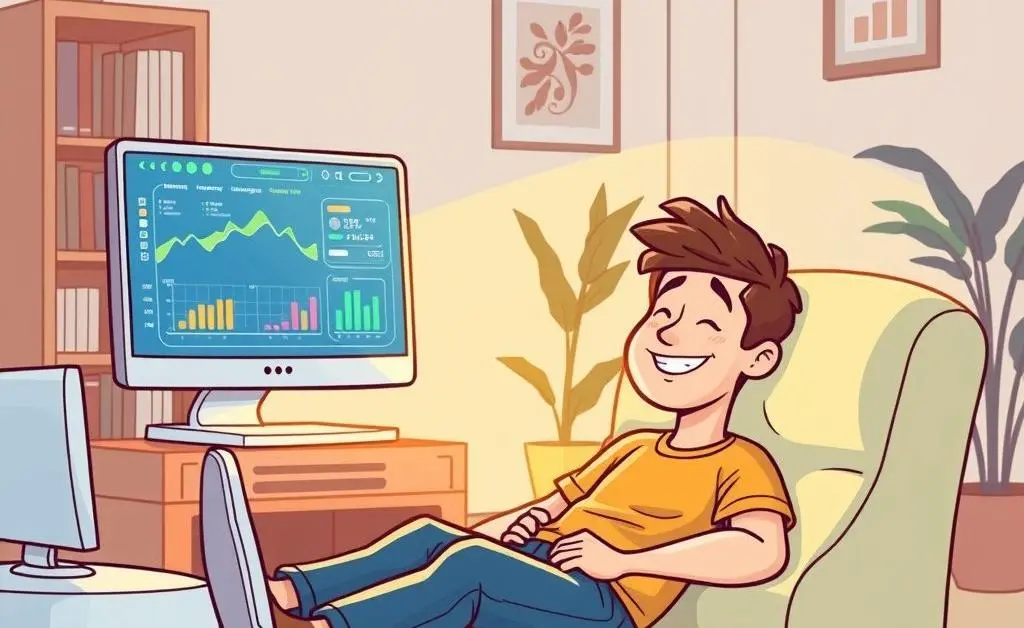A serene person relaxing while their computer manages finances.