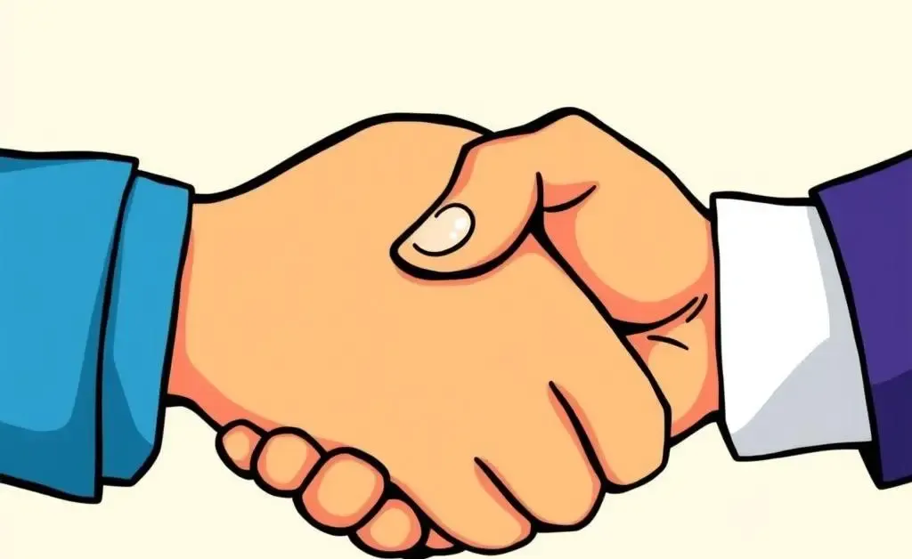Cartoon-style hands shaking, symbolizing a strong connection