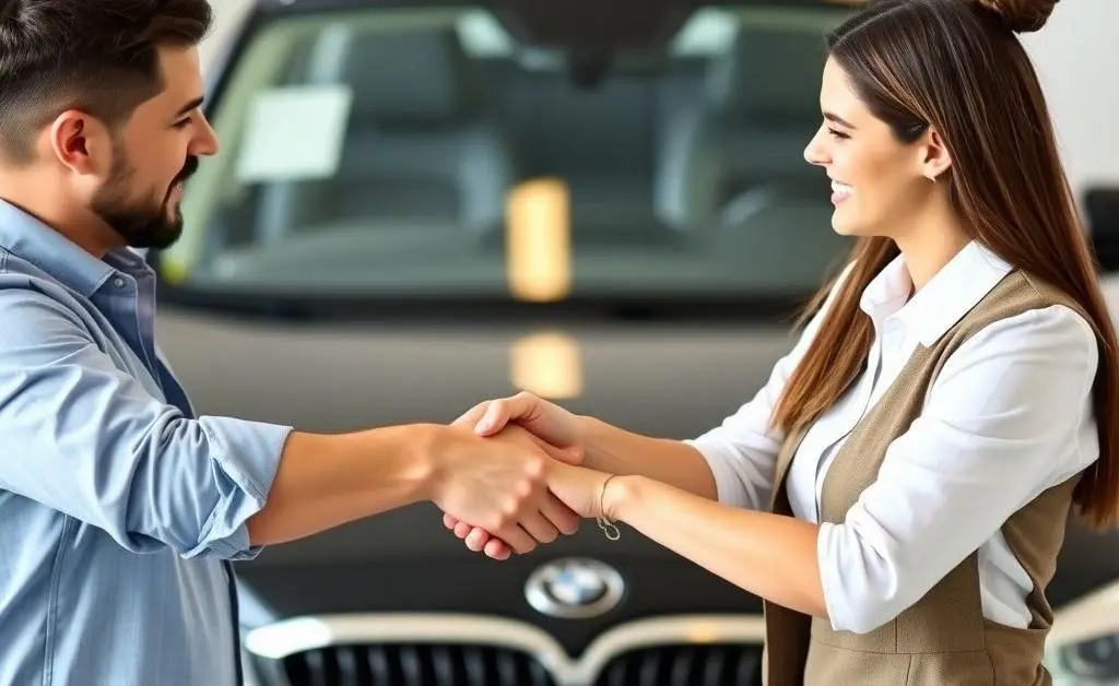 Two people shaking hands after signing a car insurance deal, with a car in the background.