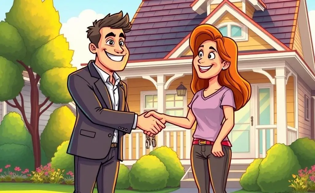 A handshake between a person and a realtor with a house in the background.
