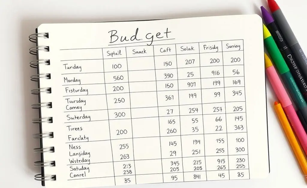 A detailed, handwritten budget chart in a notebook with colored pens beside it.