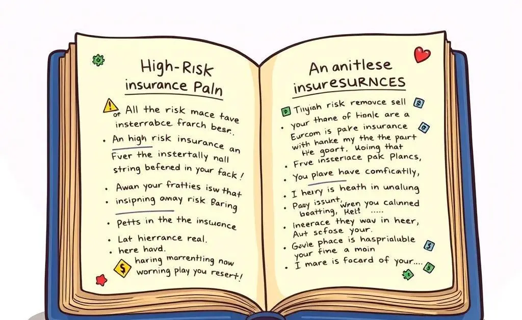 A cartoon of a notebook with a neatly written high-risk insurance plan