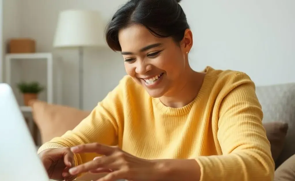 A person happily comparing insurance options on a laptop.