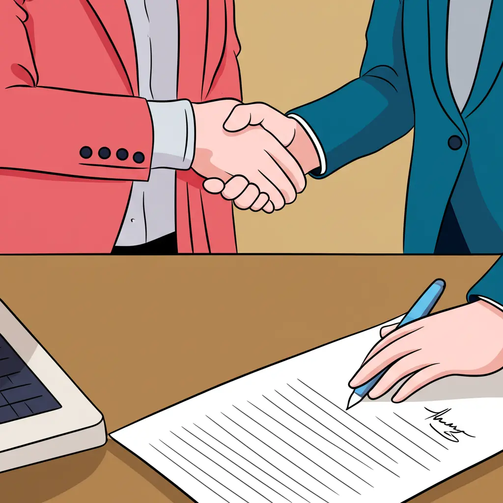 Cartoon-style image of two people shaking hands over a signed property agreement.